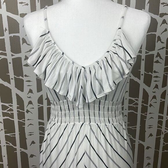 Boho hi-lo white and black striped ruffle trim back cutout maxi dress - Picture 3 of 15